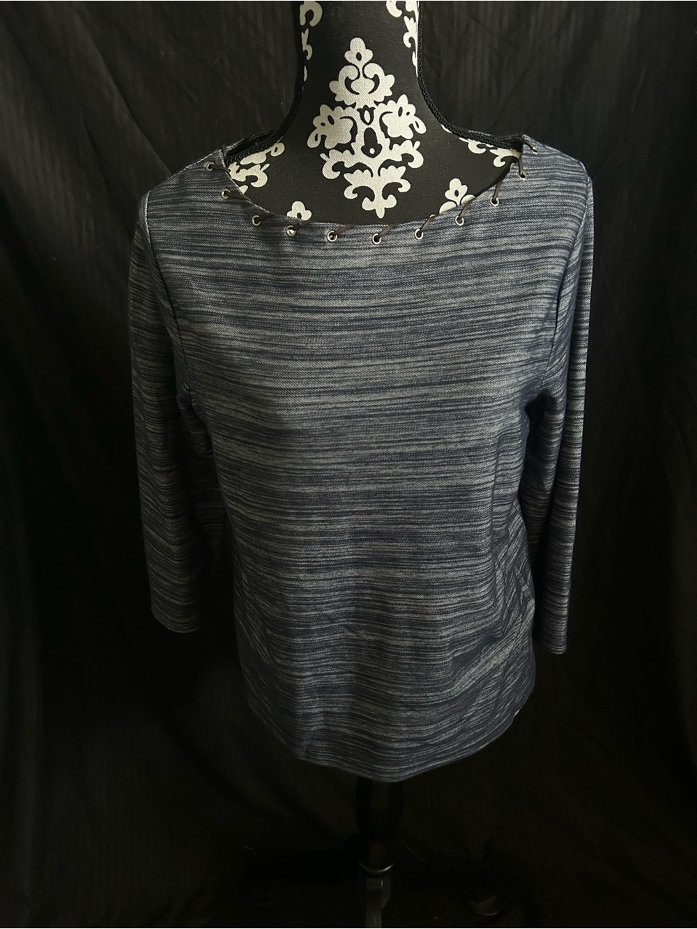 Chico's Navy Heathered Boatneck Top with Grommet Detail